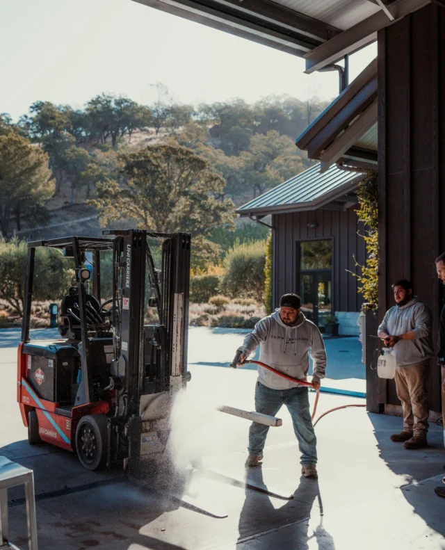 Orlando and the team fine-tuning the equipment, making sure it's all set to handle the fresh batch of grapes arriving that day. The process is in full swing.